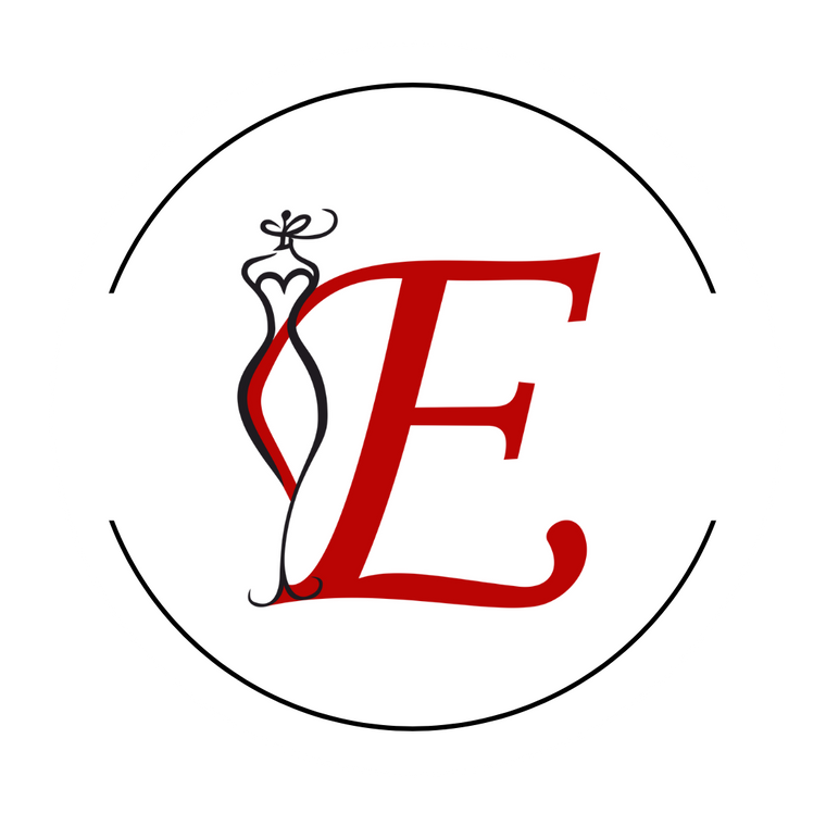Le logo Styliste Eva Tavares comporte la lettre "E" en rouge, représentant le nom de la marque et sa passion pour la mode. En noir, un dessin élégant représente un mannequin stylisé, soulignant la courbure féminine. Ce logo distinctif illustre la féminité et l'élégance que représente la marque.